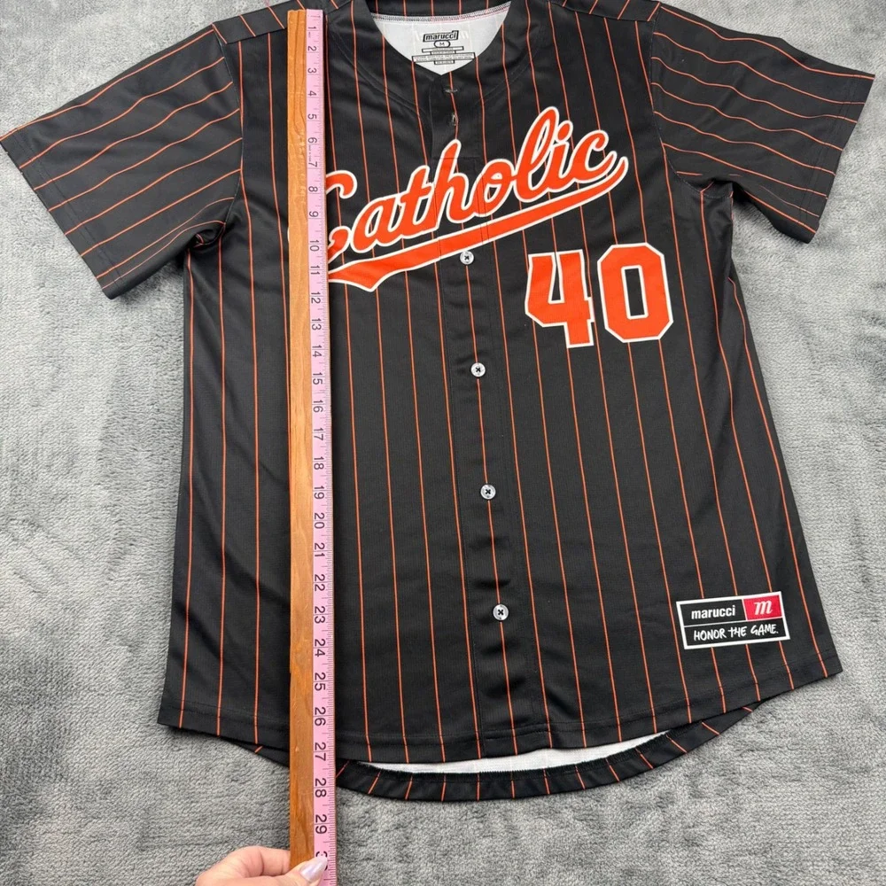 Marucci Mens Catholic Baseball Jersey Black Orange Pinstripe Button Up Size M 40 - Picture 4 of 6